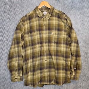 Carhartt Mens Relaxed Fit Plaid Flannel Shirt Olive Green Brown XL Regular
